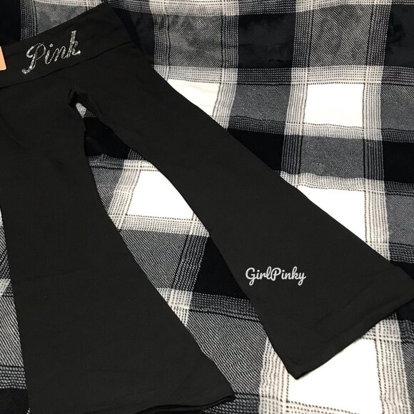 victoria secret PINK flared BLACK foldover leggings BLING LOGO SIZES XS-XXL - Picture 7 of 8